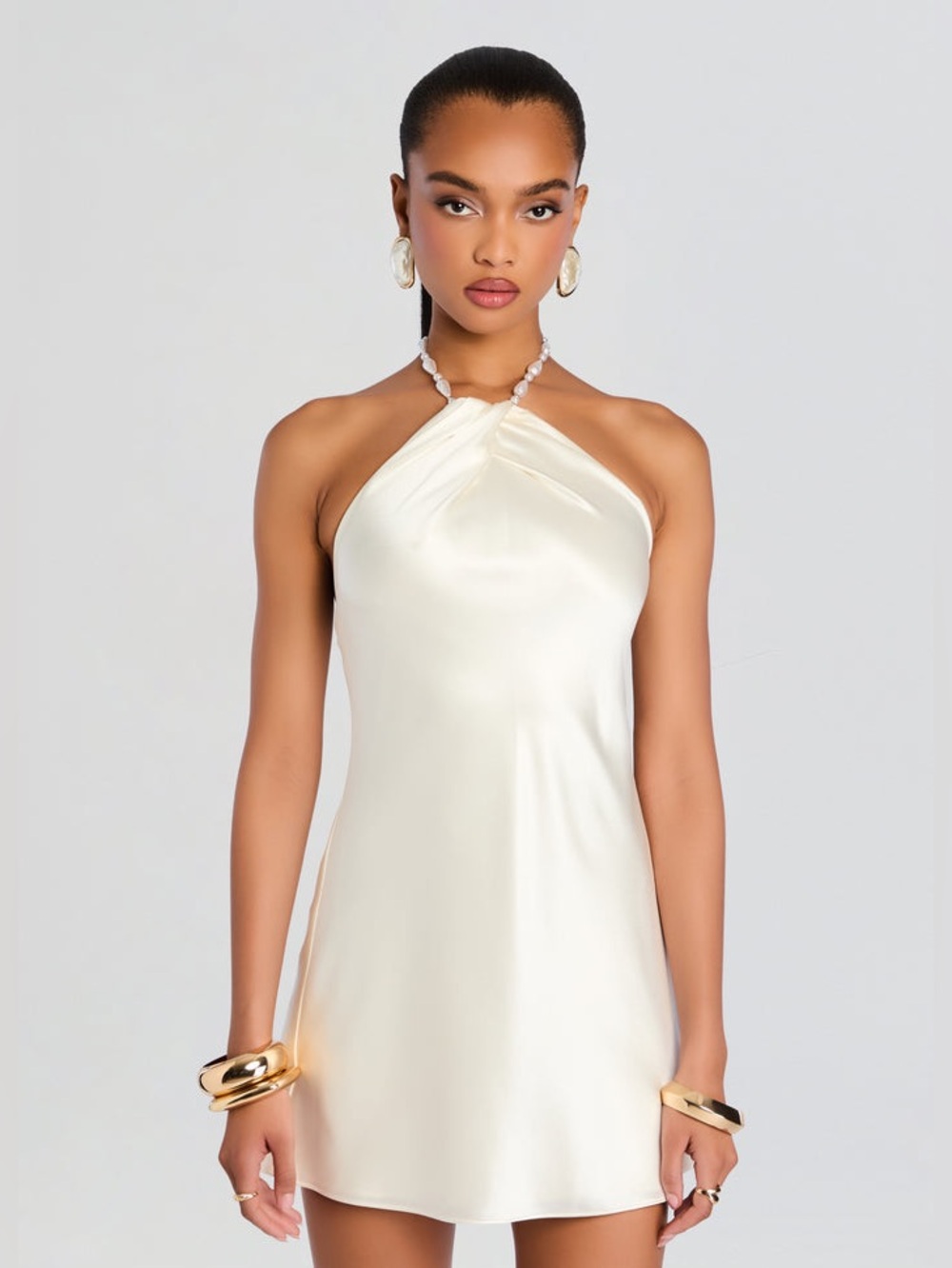 RETROFETE Dominga Bridal Bachelorette Bride White Cream Pearl Halter Mini Dress
